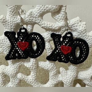 Elegant Embroidered Freestanding Lace Black and Red XO Earrings